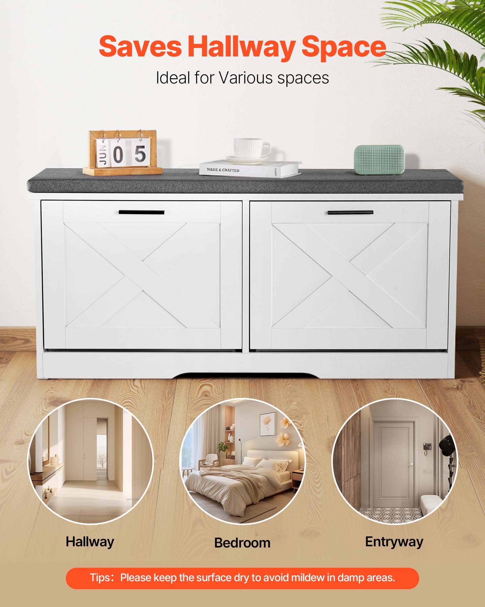 VEVOR Entryway Shoe Storage Bench 100cm Wide 2-Tier Shoe Bench Black White, with 2 Flip Drawers, 200 kg Load Capacity Storage Rack with Padded Seat Cushion, for Hallway, Living Room, and Bedroom