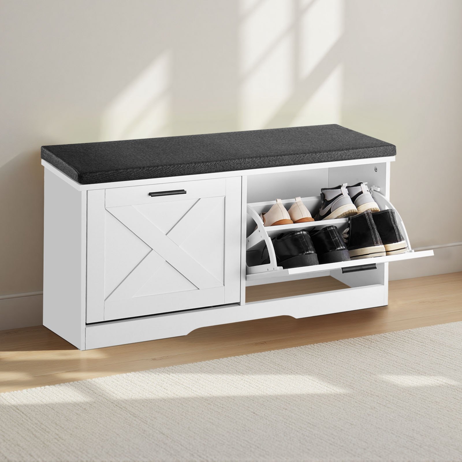 VEVOR Entryway Shoe Storage Bench 100cm Wide 2-Tier Shoe Bench Black White, with 2 Flip Drawers, 200 kg Load Capacity Storage Rack with Padded Seat Cushion, for Hallway, Living Room, and Bedroom