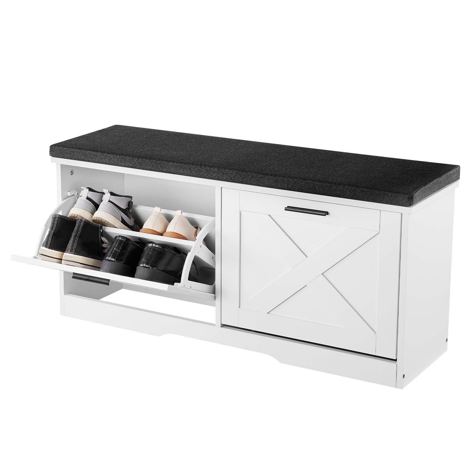 VEVOR Entryway Shoe Storage Bench 100cm Wide 2-Tier Shoe Bench Black White, with 2 Flip Drawers, 200 kg Load Capacity Storage Rack with Padded Seat Cushion, for Hallway, Living Room, and Bedroom