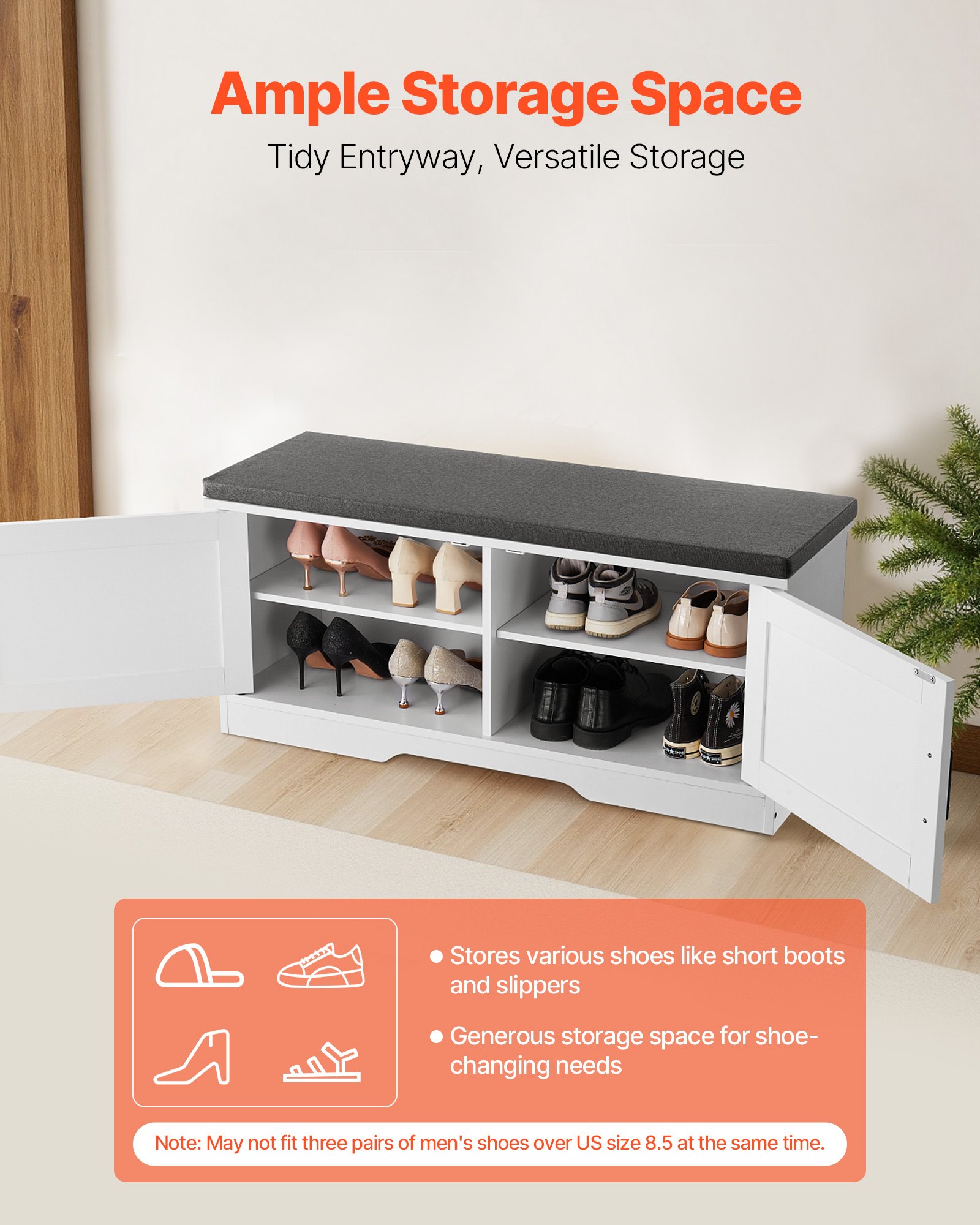 VEVOR Shoe Storage Bench, 39.4 x 14.0 x 18.1 Inch Shoe Organizer with Padded Seat Cushion, Entryway Bench with 2 Barn Doors and Height Adjustable Shelf, for Hallway, Living Room, Bedroom, White+Black