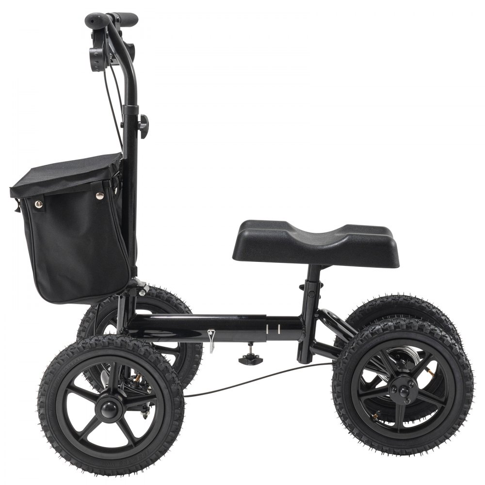 black VEVOR knee scooter with large wheels, ergonomic knee pad, and attached storage bag.