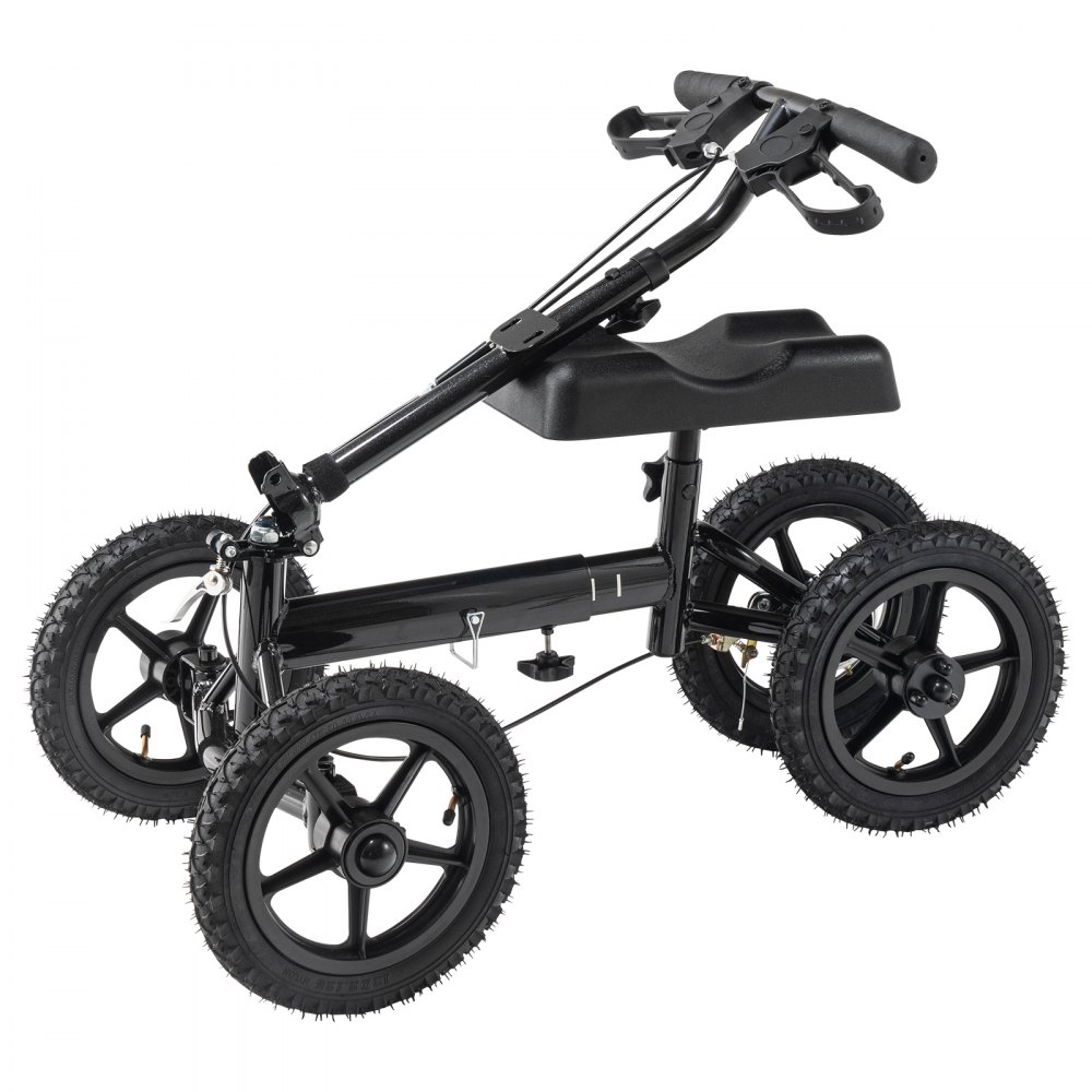 black, four-wheel VEVOR knee scooter with adjustable handlebars and padded knee rest.