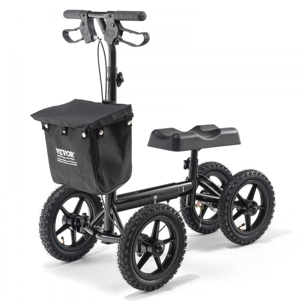 VEVOR knee scooter with black cushioned seat, sturdy handlebars, large wheels, and attached storage bag.