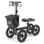 VEVOR knee scooter with black cushioned seat, sturdy handlebars, large wheels, and attached storage bag.