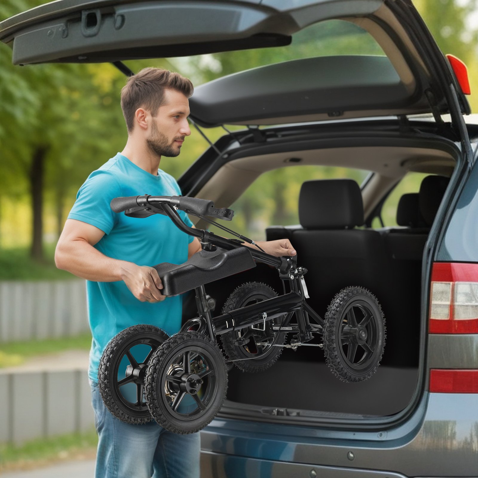 man loading a VEVOR knee scooter into a car trunk.