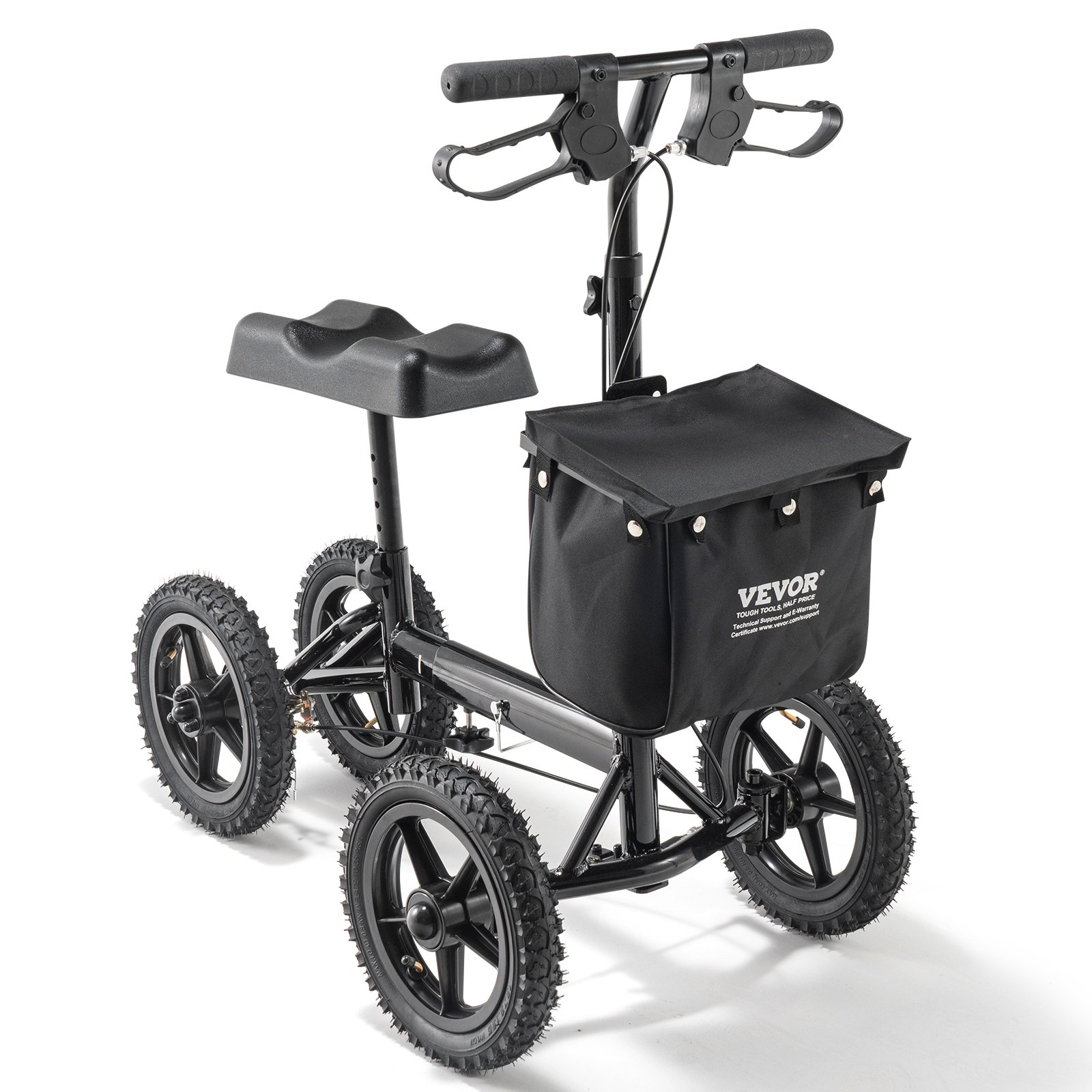 VEVOR knee scooter with sturdy black frame, cushioned knee pad, four rugged wheels, and front storage bag.