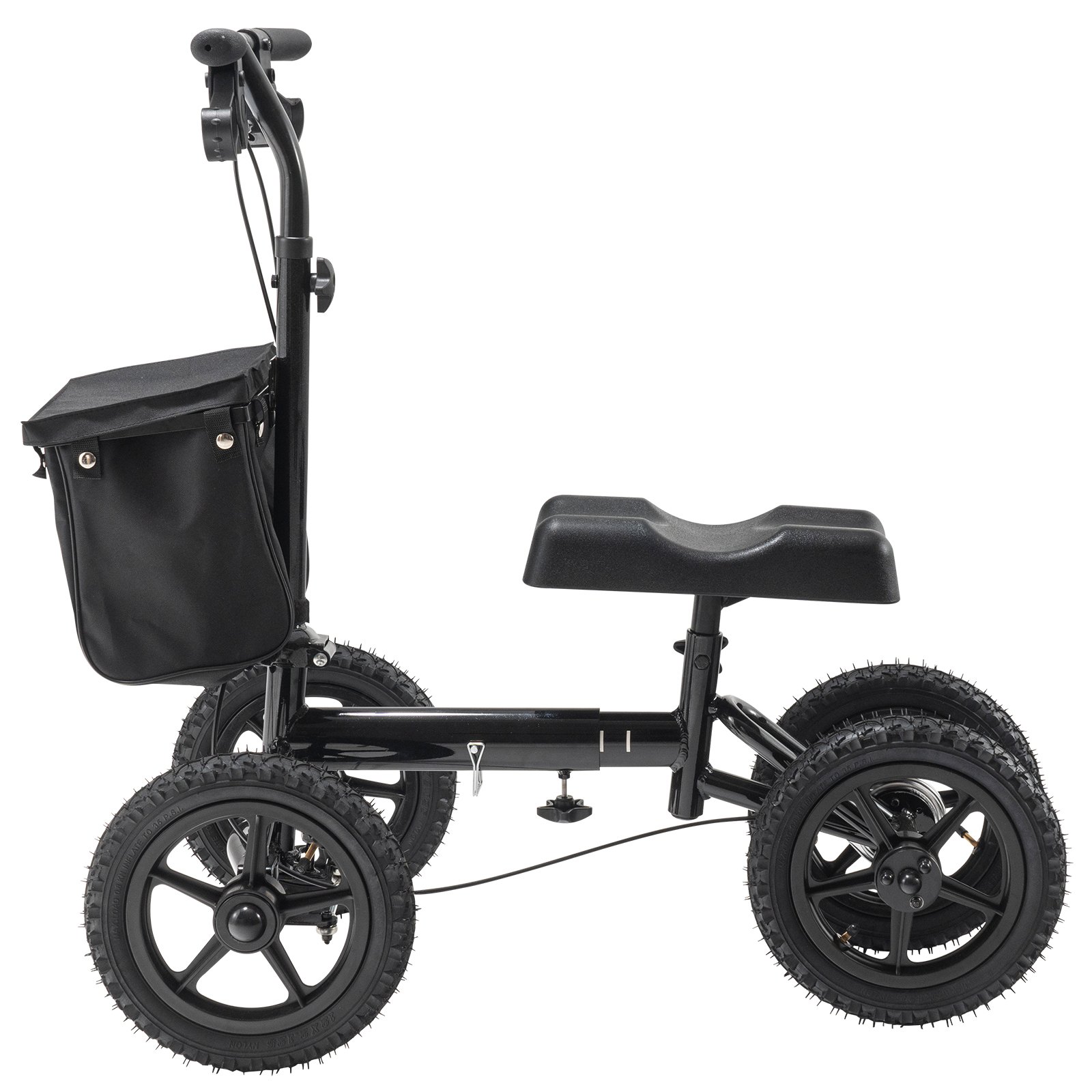 black VEVOR knee scooter with large wheels, ergonomic knee pad, and attached storage bag.