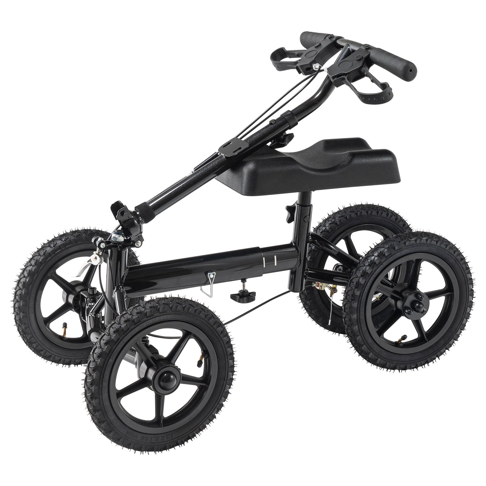 black, four-wheel VEVOR knee scooter with adjustable handlebars and padded knee rest.