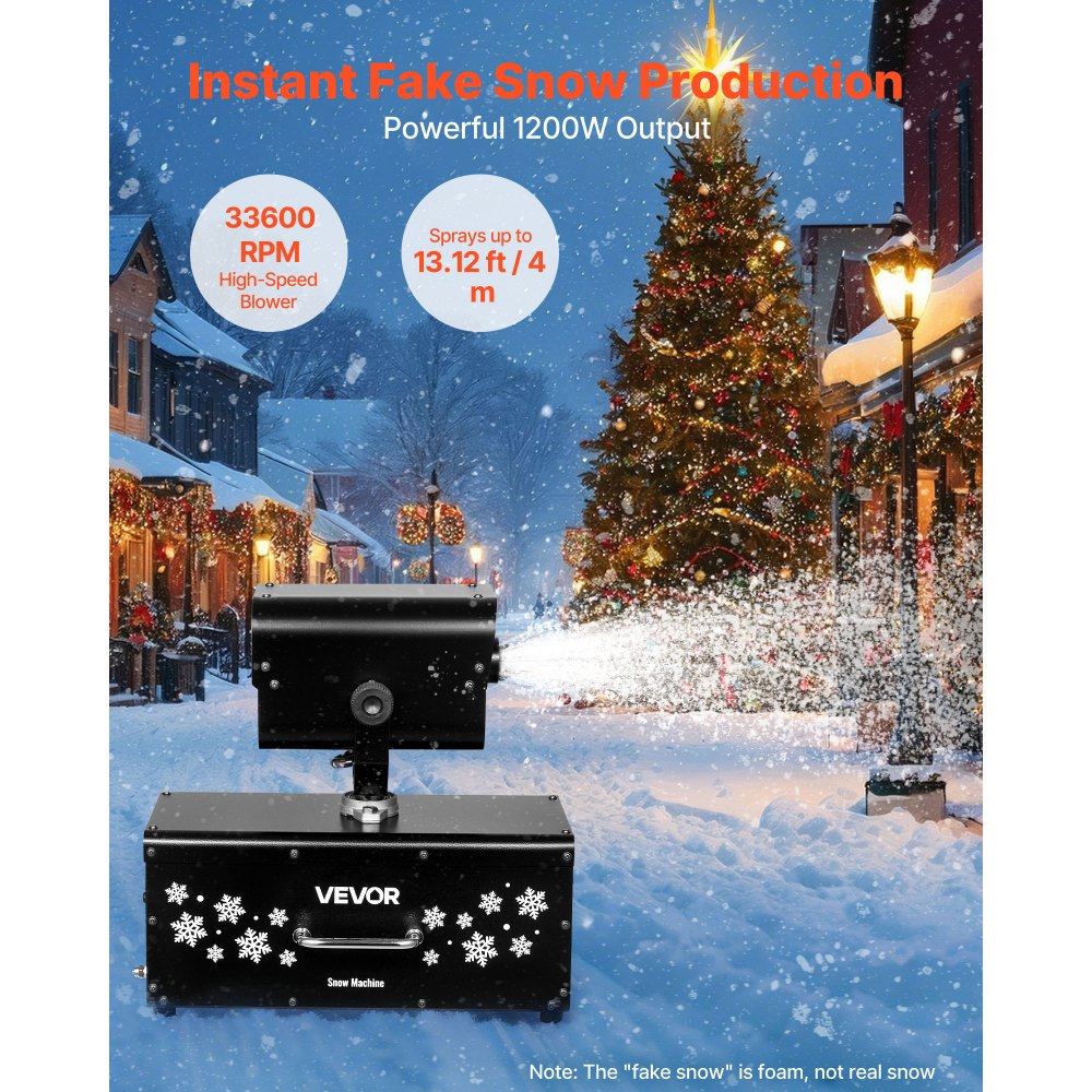 VEVOR Snow Machine, 1200W 90° Shaking Head Snow Maker with Wireless Remote Control, High Output Snowmaking Machine Coverage up to 12 ㎡ for Christmas Wedding Parties Stage Snowflake Effect