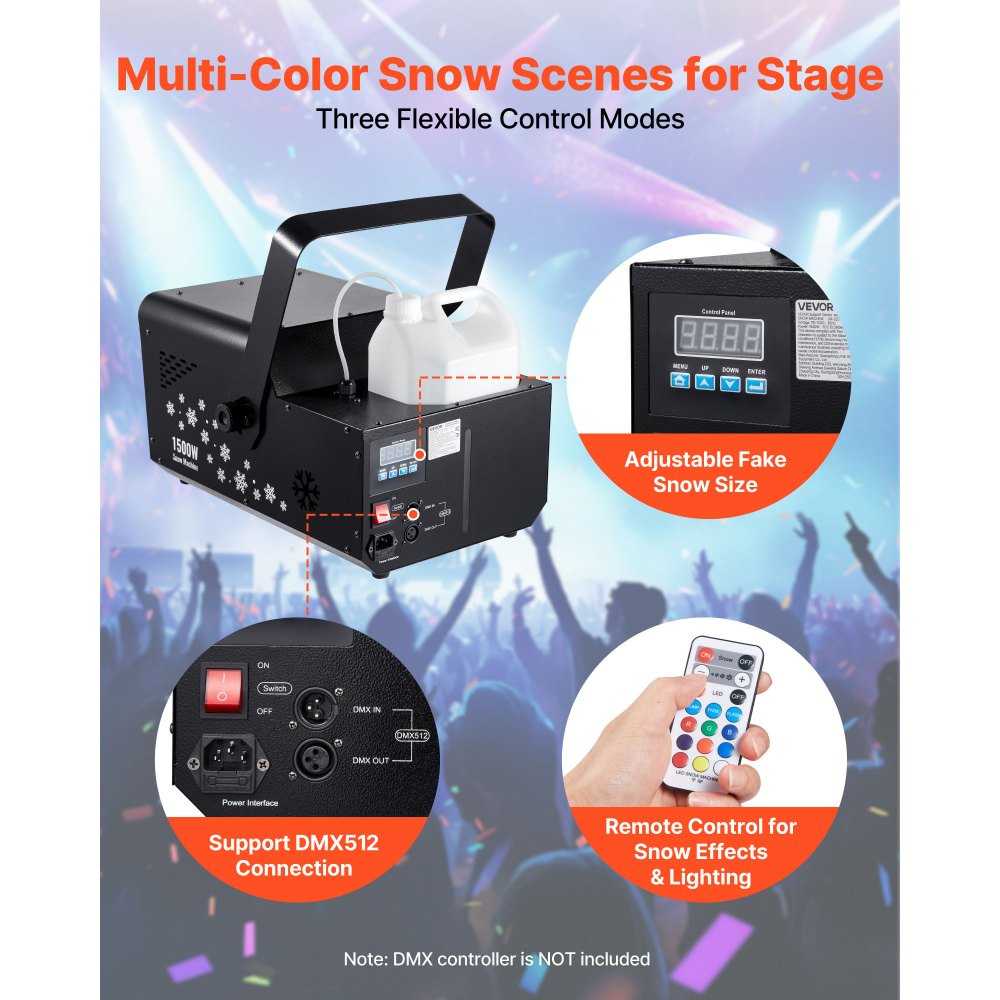 VEVOR 1500W Snow Machine with RGB DMX512 Signal Control, 9 LED Lights, Wireless Remote, High Output Snowflake Machine with 5L Tank, Portable DJ Stage Snow Maker for Christmas Parties Stage Effects