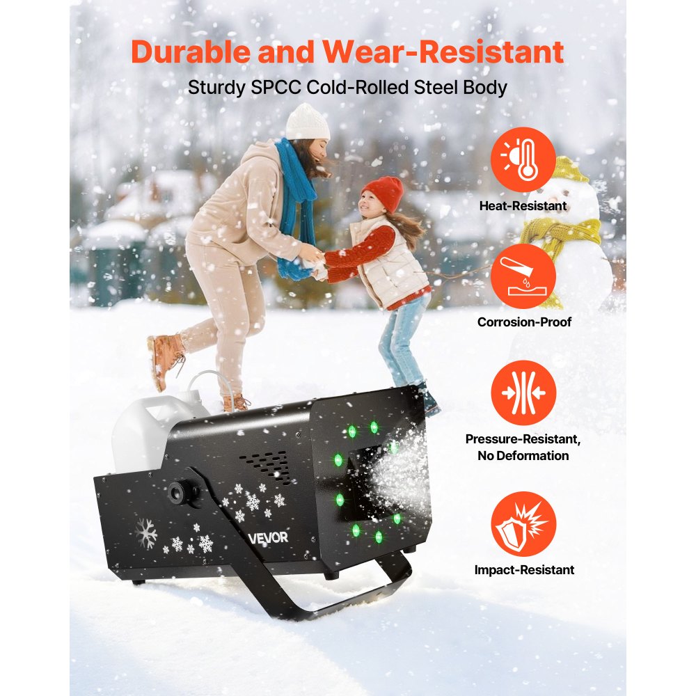 VEVOR 1500W Snow Machine with RGB DMX512 Signal Control, 9 LED Lights, Wireless Remote, High Output Snowflake Machine with 5L Tank, Portable DJ Stage Snow Maker for Christmas Parties Stage Effects