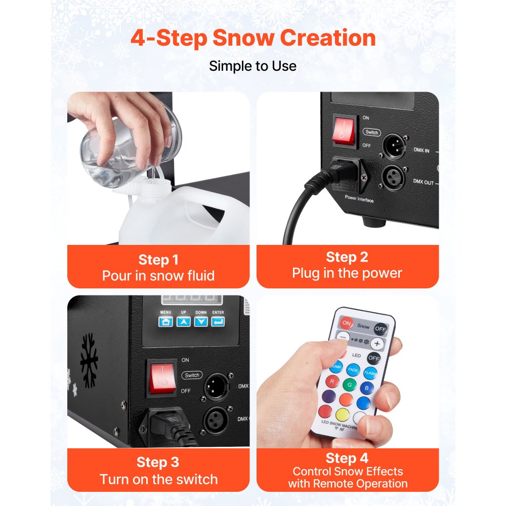 VEVOR 1500W Snow Machine with RGB DMX512 Signal Control, 9 LED Lights, Wireless Remote, High Output Snowflake Machine with 5L Tank, Portable DJ Stage Snow Maker for Christmas Parties Stage Effects