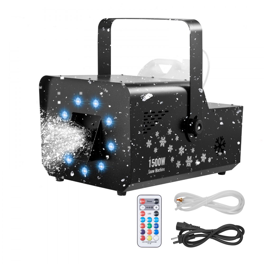 VEVOR 1500W Snow Machine with RGB DMX512 Signal Control, 9 LED Lights, Wireless Remote, High Output Snowflake Machine with 5L Tank, Portable DJ Stage Snow Maker for Christmas Parties Stage Effects