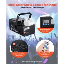 VEVOR 1500W Snow Machine with RGB DMX512 Signal Control, 9 LED Lights, Wireless Remote, High Output Snowflake Machine with 5L Tank, Portable DJ Stage Snow Maker for Christmas Parties Stage Effects
