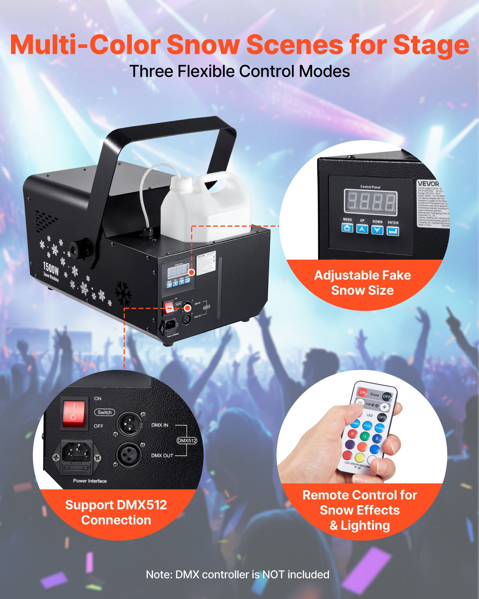 VEVOR 1500W Snow Machine with RGB DMX512 Signal Control, 9 LED Lights, Wireless Remote, High Output Snowflake Machine with 5L Tank, Portable DJ Stage Snow Maker for Christmas Parties Stage Effects