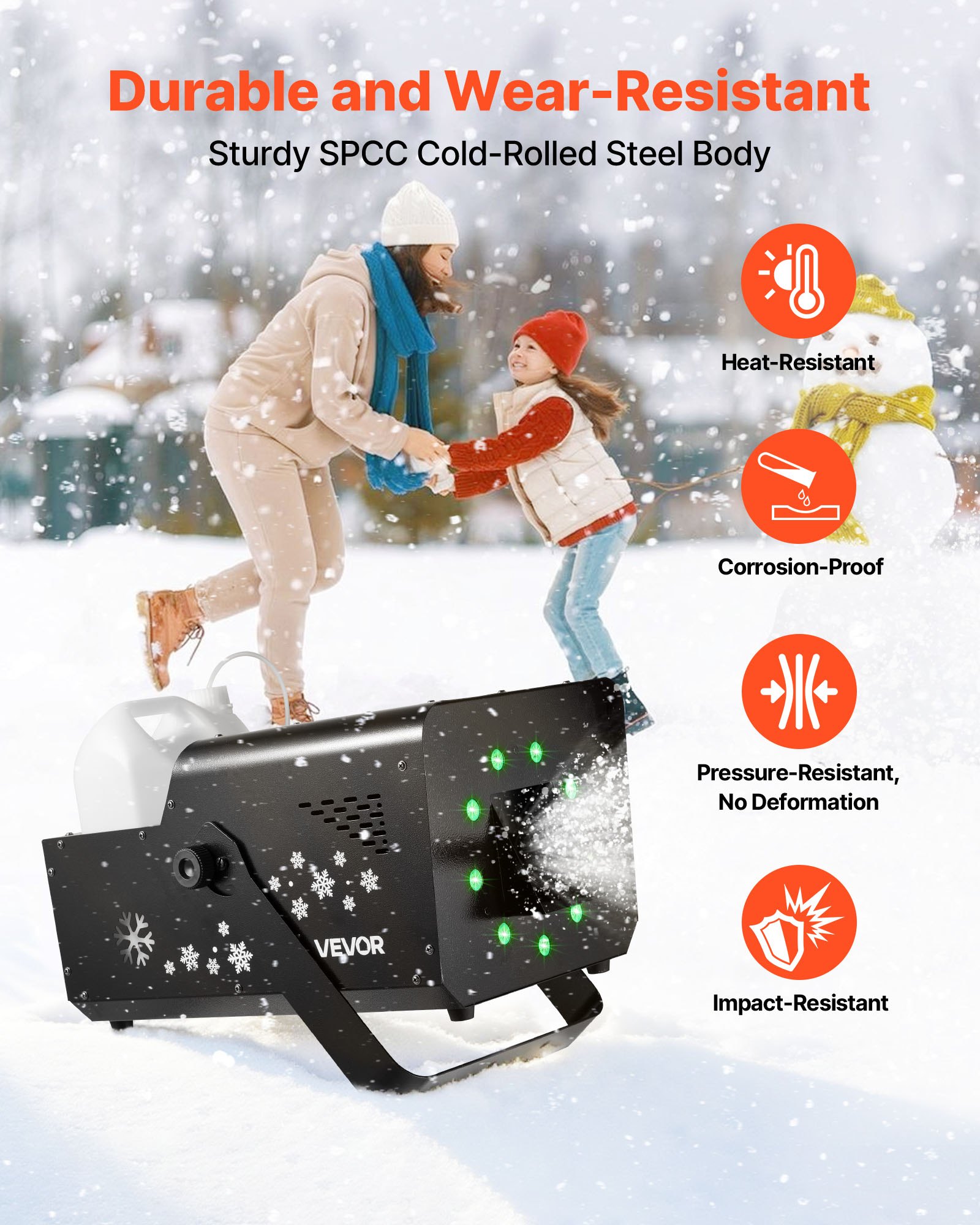 VEVOR 1500W Snow Machine with RGB DMX512 Signal Control, 9 LED Lights, Wireless Remote, High Output Snowflake Machine with 5L Tank, Portable DJ Stage Snow Maker for Christmas Parties Stage Effects