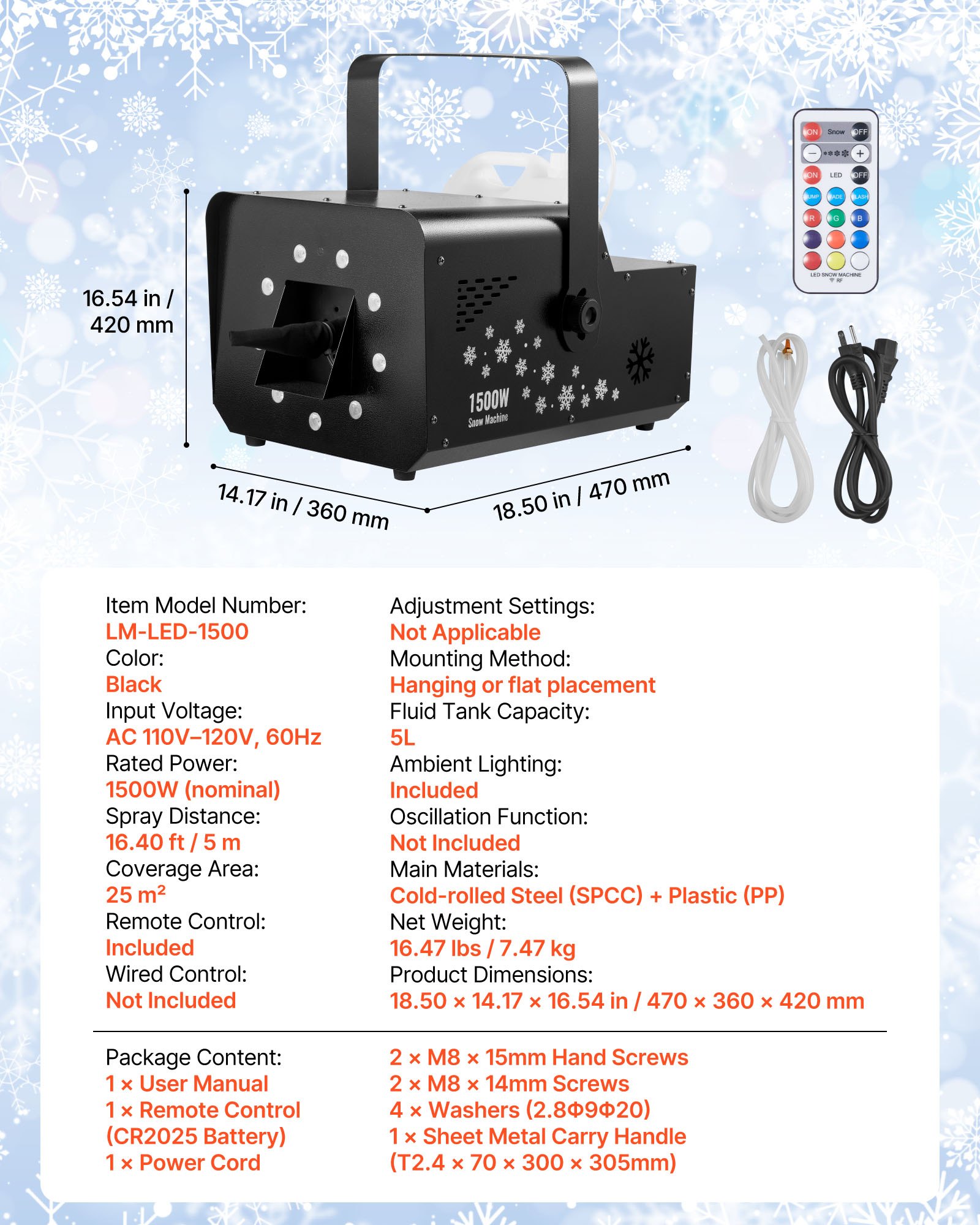 VEVOR 1500W Snow Machine with RGB DMX512 Signal Control, 9 LED Lights, Wireless Remote, High Output Snowflake Machine with 5L Tank, Portable DJ Stage Snow Maker for Christmas Parties Stage Effects