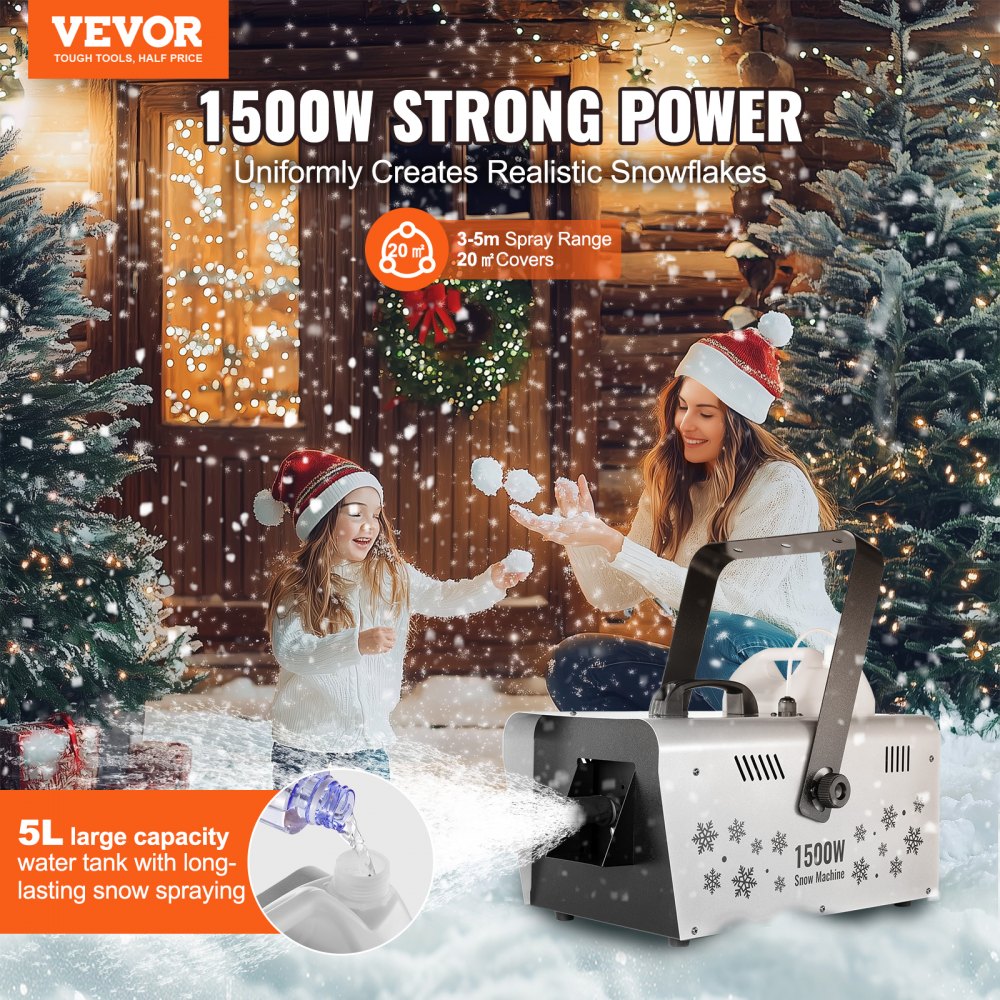 VEVOR Snow Machine, 1500W Snow Maker Machine with 2 Remotes Control and 5L Large Capacity Water Tank, High Output Snowflake Maker Stage Snow Effect for Christmas, Halloween, Wedding, DJ Parties