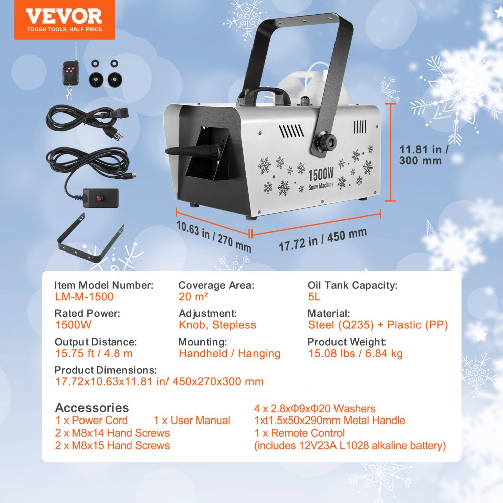 VEVOR Snow Machine, 1500W Snow Maker Machine with 2 Remotes Control and 5L Large Capacity Water Tank, High Output Snowflake Maker Stage Snow Effect for Christmas, Halloween, Wedding, DJ Parties