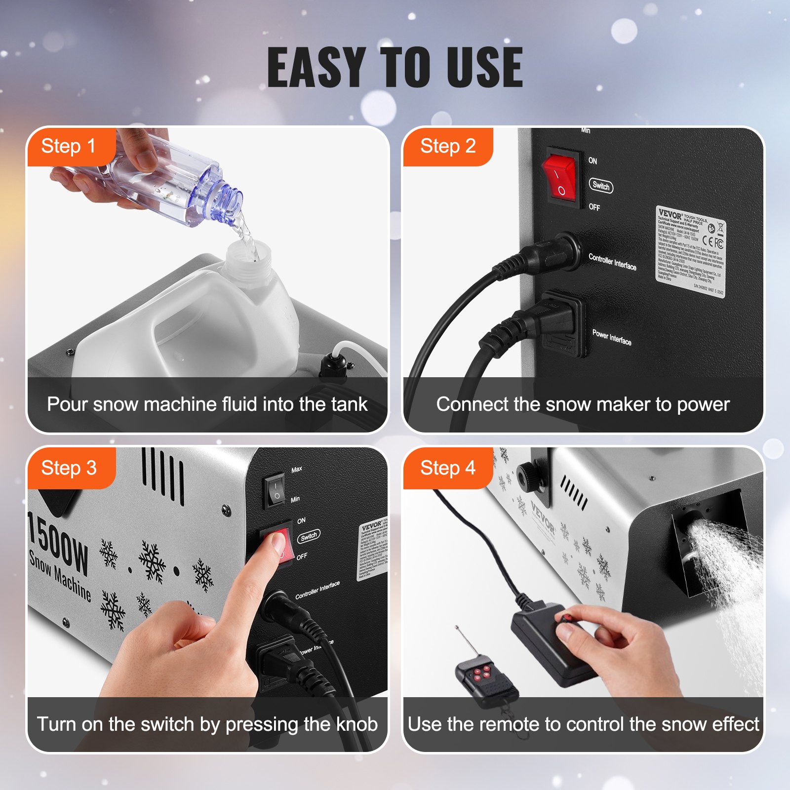 VEVOR Snow Machine, 1500W Snow Maker Machine with 2 Remotes Control and 5L Large Capacity Water Tank, High Output Snowflake Maker Stage Snow Effect for Christmas, Halloween, Wedding, DJ Parties