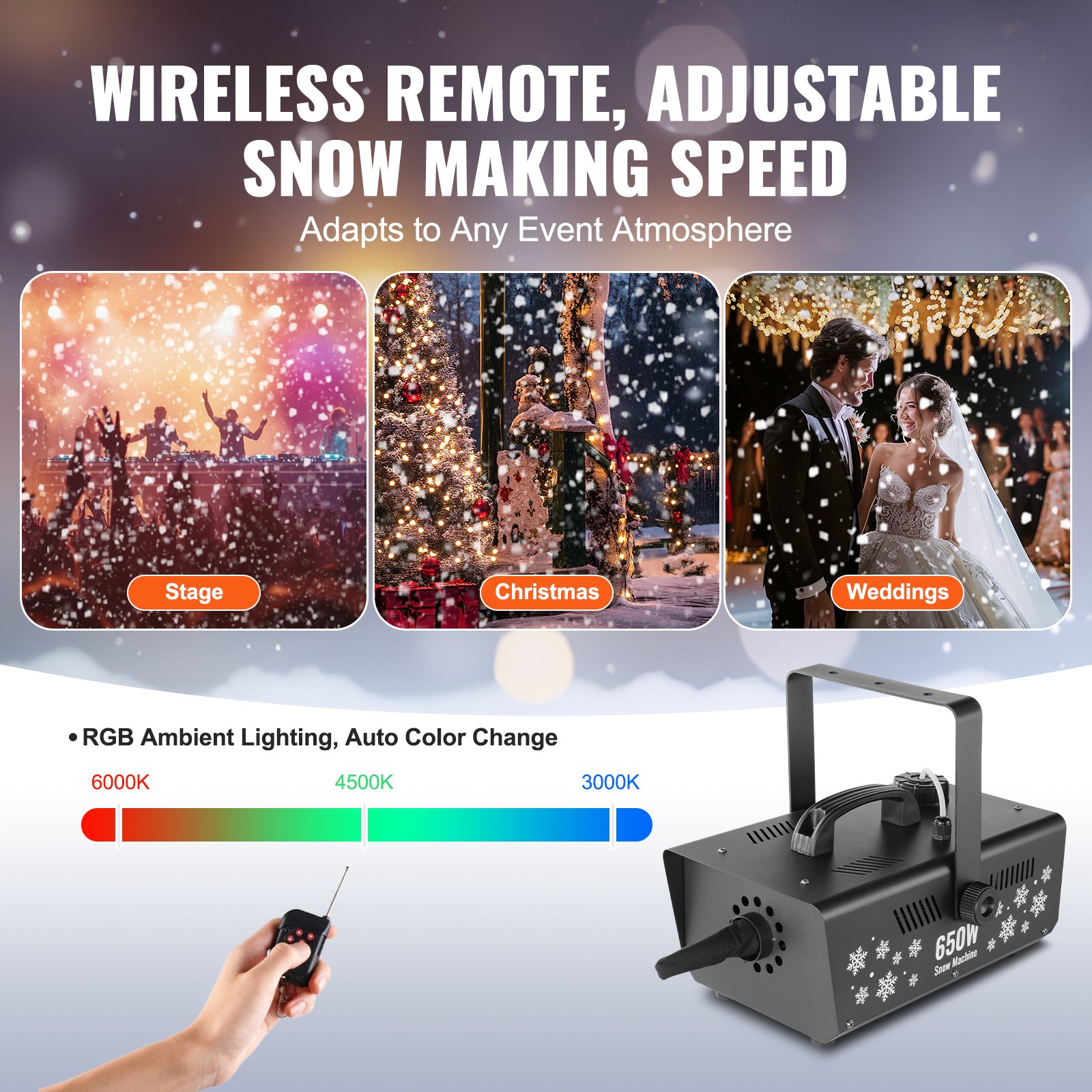 VEVOR Snow Machine, 650W Wireless Remote Control Snow Maker Machine with 1L Tank High Output Portable Premium Artificial Snowflake Machines for Christmas Holidays Parties Wedding Stage Effect