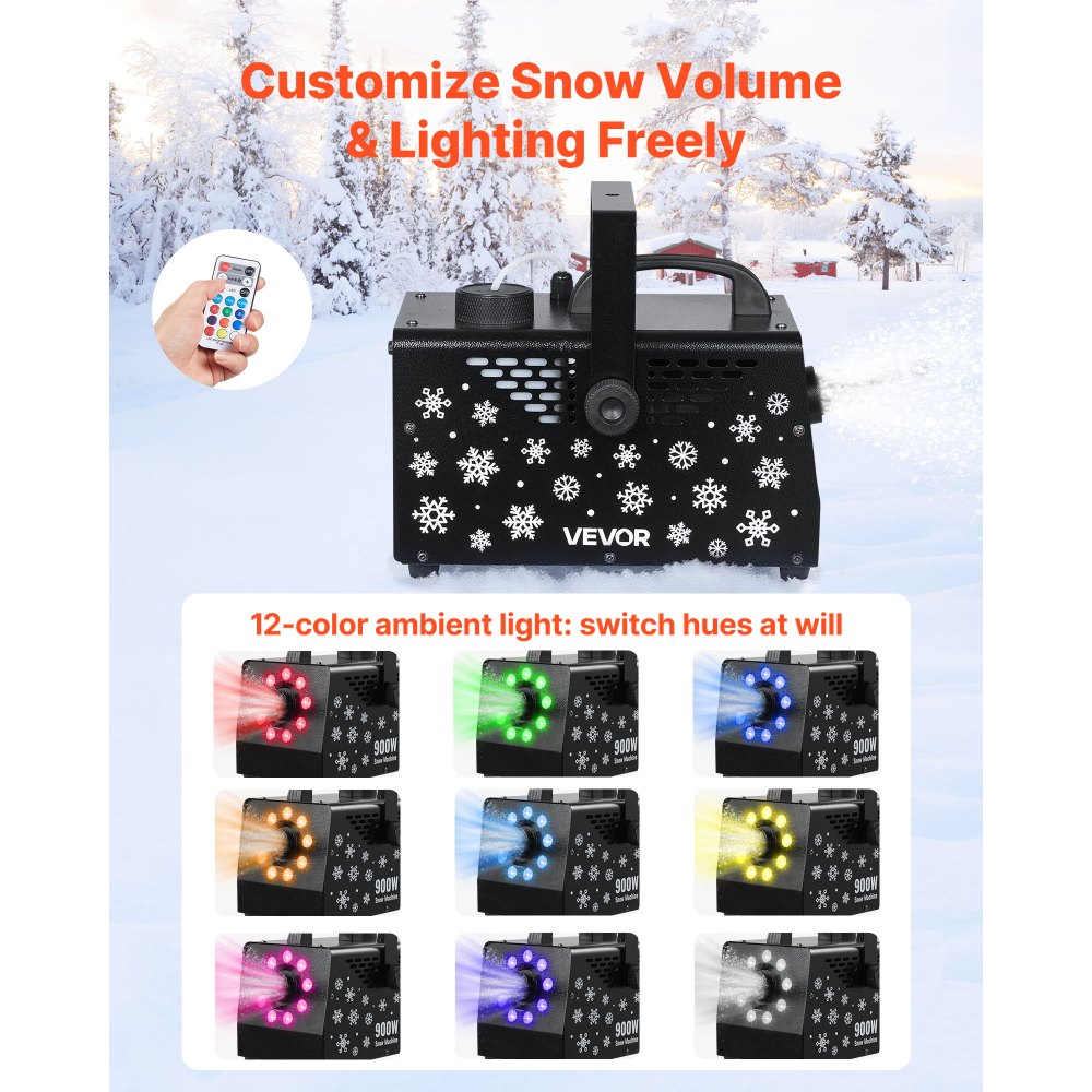 VEVOR 900W Snow Machine with 9 LED RGB Lights, 12 LED Lighting Colors, and Wireless Remote, Handheld/Hanging Outdoor Snowflake Machine Fake Snow Machines with 1L Tank for Christmas Party
