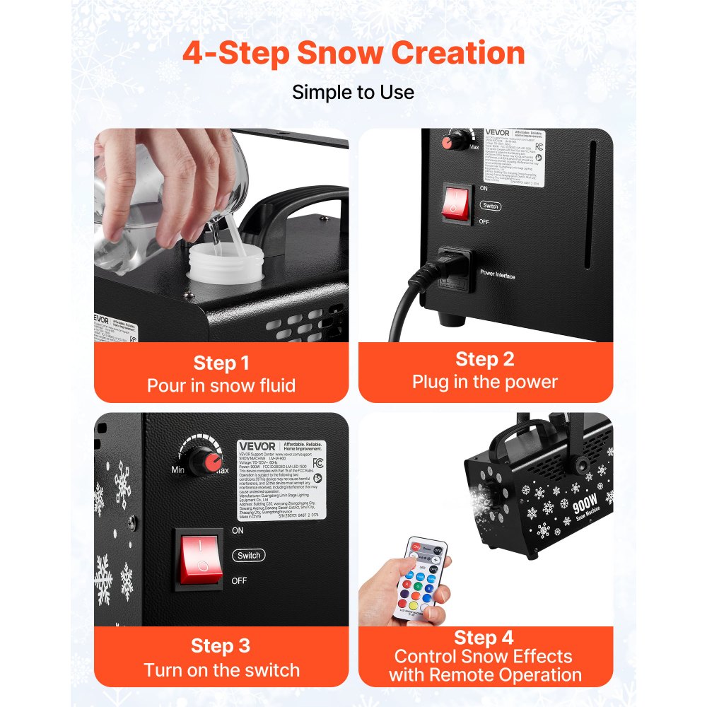 VEVOR 900W Snow Machine with 9 LED RGB Lights, 12 LED Lighting Colors, and Wireless Remote, Handheld/Hanging Outdoor Snowflake Machine Fake Snow Machines with 1L Tank for Christmas Party
