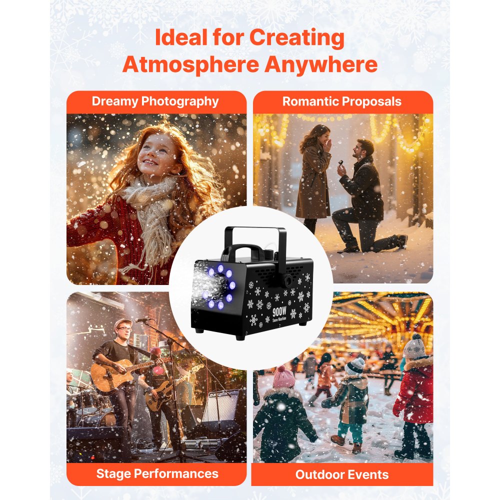 VEVOR 900W Snow Machine with 9 LED RGB Lights, 12 LED Lighting Colors, and Wireless Remote, Handheld/Hanging Outdoor Snowflake Machine Fake Snow Machines with 1L Tank for Christmas Party