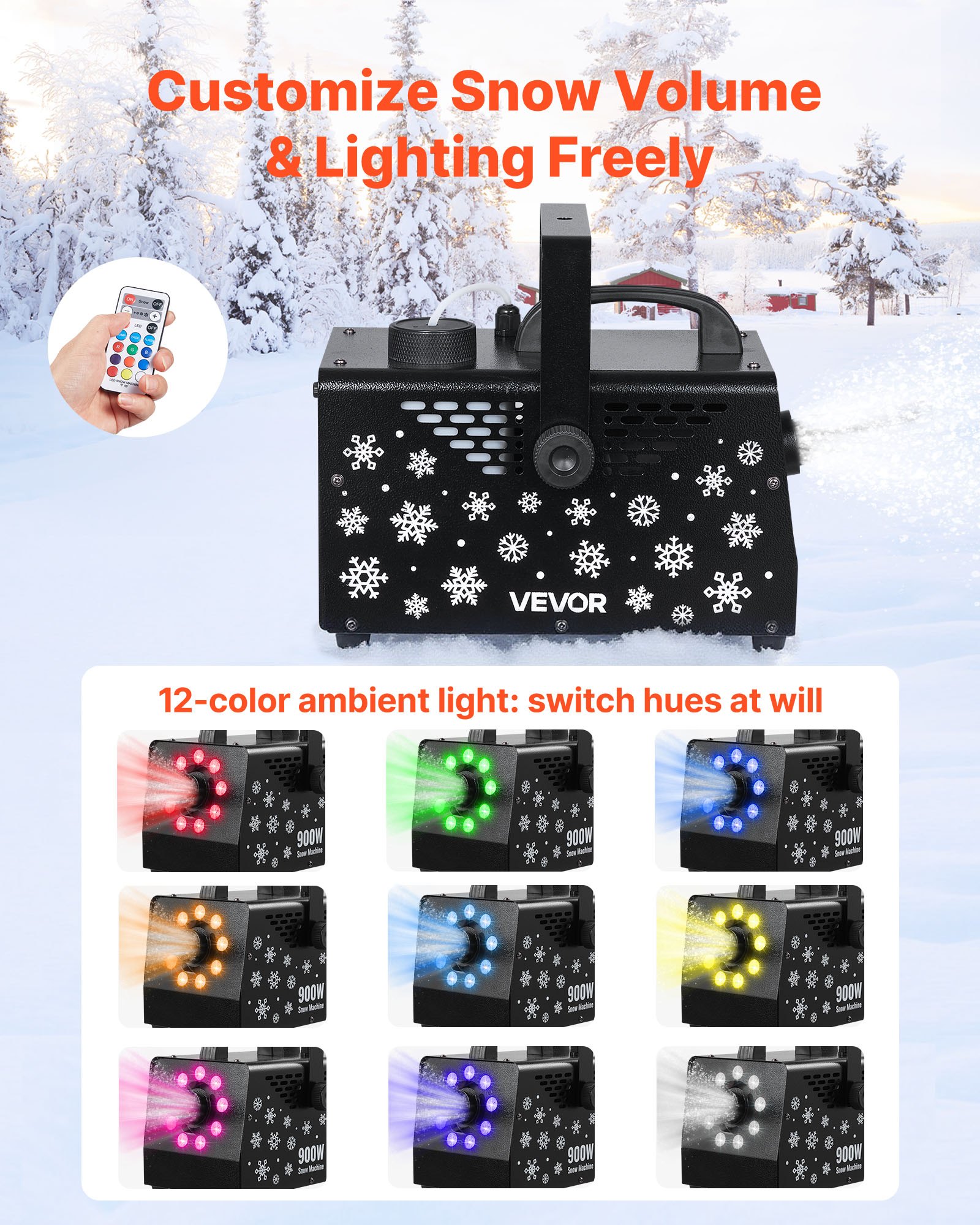 VEVOR 900W Snow Machine with 9 LED RGB Lights, 12 LED Lighting Colors, and Wireless Remote, Handheld/Hanging Outdoor Snowflake Machine Fake Snow Machines with 1L Tank for Christmas Party