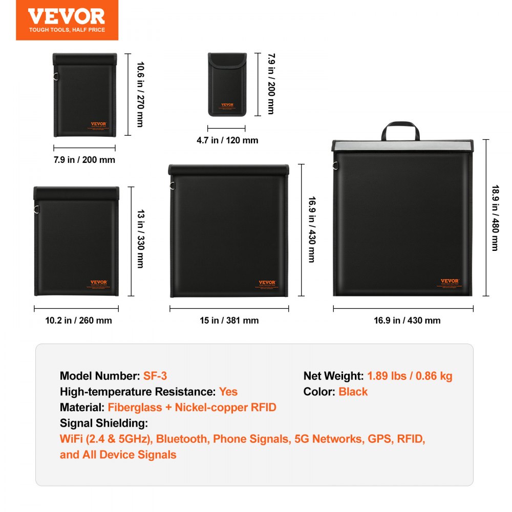 VEVOR Faraday Bag, 4 Pack Faraday Pouch Set for Laptop(16.9x15"), Tablet(13x10.2"), Phone(7.87x4.7") & Radio(10.6x7.8"), Fireproof Signal Blocking Holder Faraday Pouch for Anti-Theft & Anti-Hacking