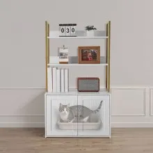 VEVOR Cat Litter Box Enclosure Furniture, 70 cm Hidden Litter Box Cabinet with Metal Legs & 2-Tier Storage Shelves, Waterproof Cat Washroom Cat House, Fit Most of Litterbox, for Living Room