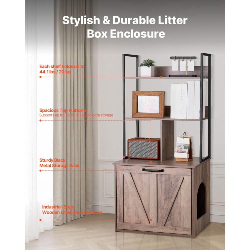 VEVOR Cat Litter Box Enclosure Furniture, 60 cm Hidden Litter Box Cabinet with Storage Shelves, Modern Style, Waterproof Cat Washroom Side Table Cat House, Fit Most of Litterbox, for Living Room
