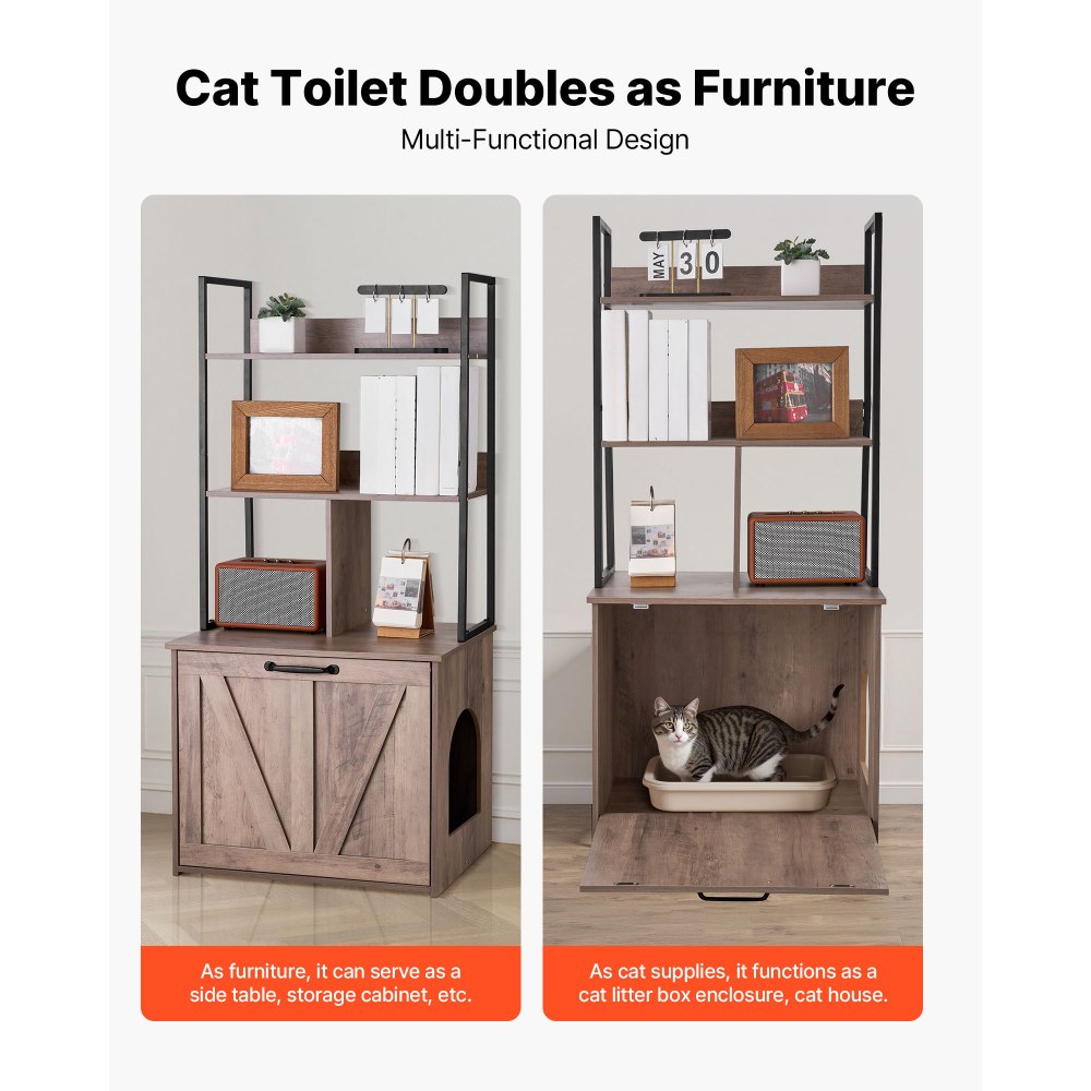 VEVOR Cat Litter Box Enclosure Furniture, 60 cm Hidden Litter Box Cabinet with Storage Shelves, Modern Style, Waterproof Cat Washroom Side Table Cat House, Fit Most of Litterbox, for Living Room