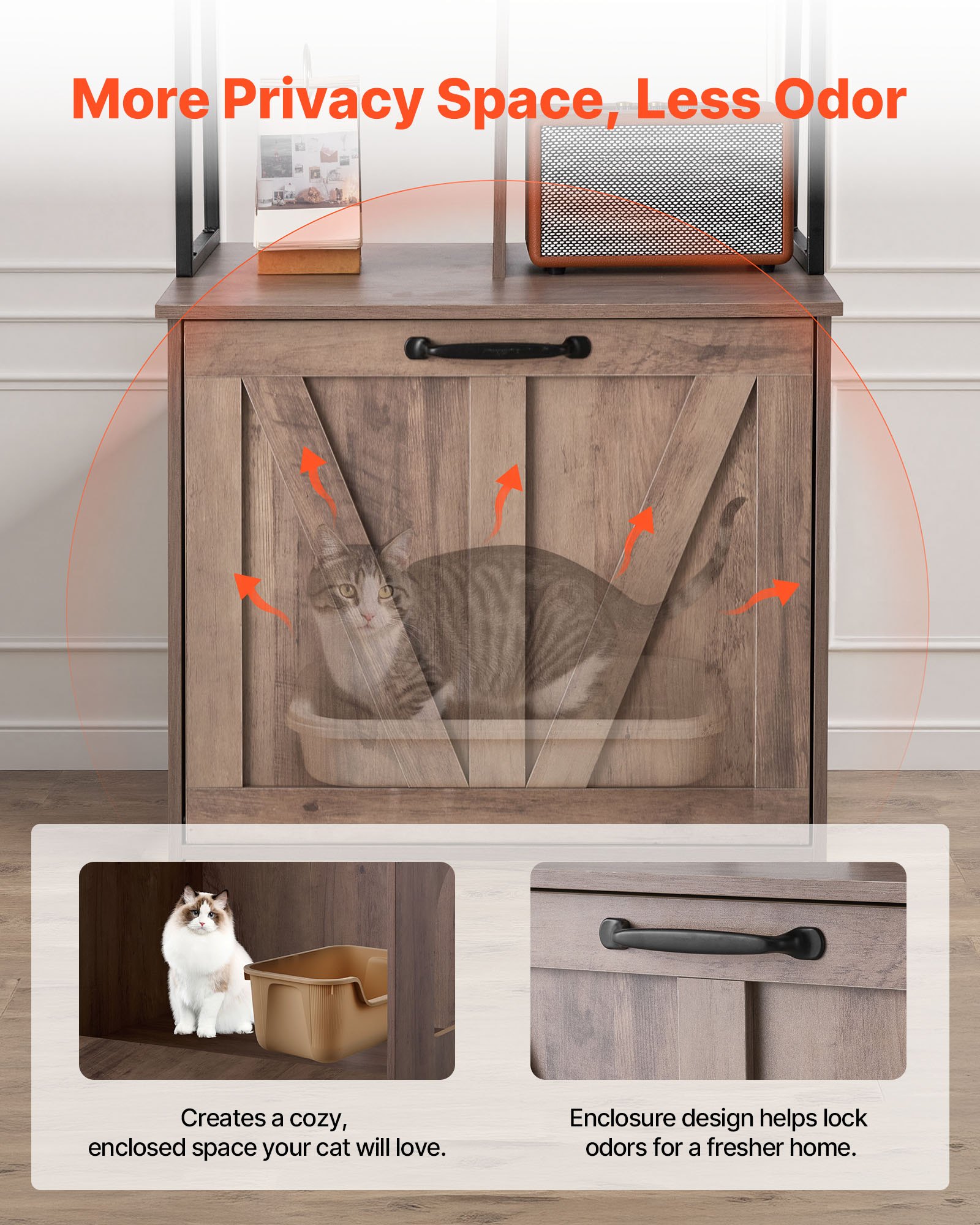 VEVOR Cat Litter Box Enclosure Furniture, 60 cm Hidden Litter Box Cabinet with Storage Shelves, Modern Style, Waterproof Cat Washroom Side Table Cat House, Fit Most of Litterbox, for Living Room