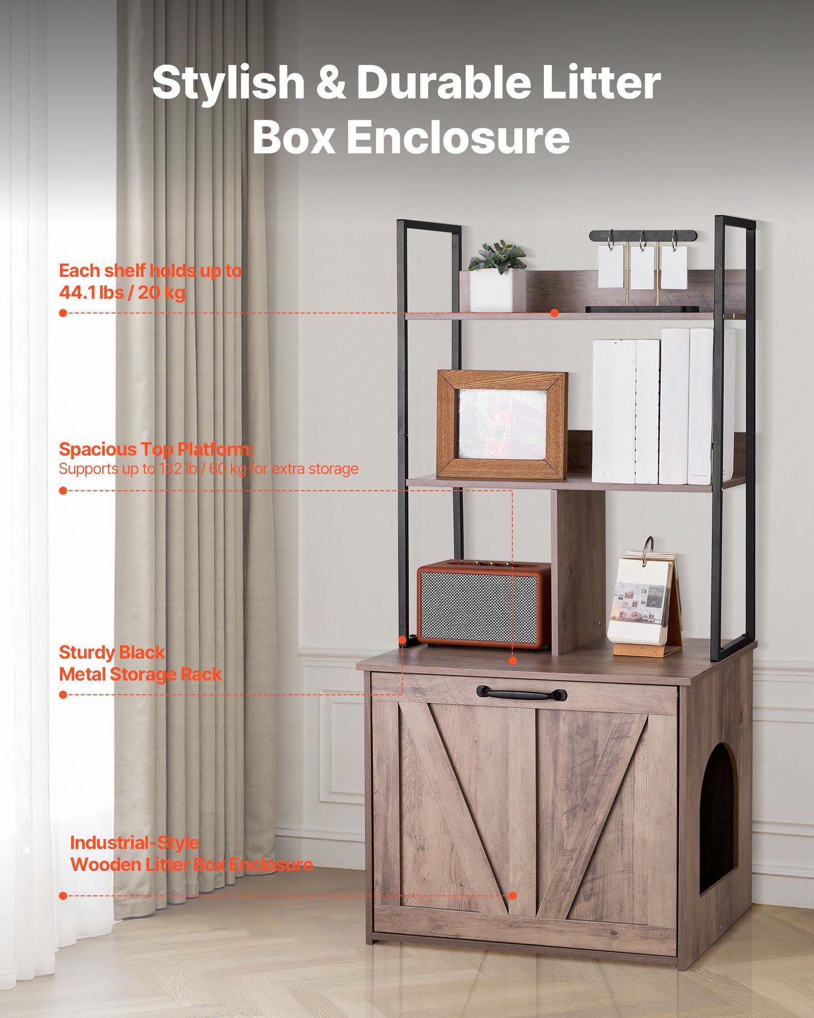 VEVOR Cat Litter Box Enclosure Furniture, 60 cm Hidden Litter Box Cabinet with Storage Shelves, Modern Style, Waterproof Cat Washroom Side Table Cat House, Fit Most of Litterbox, for Living Room