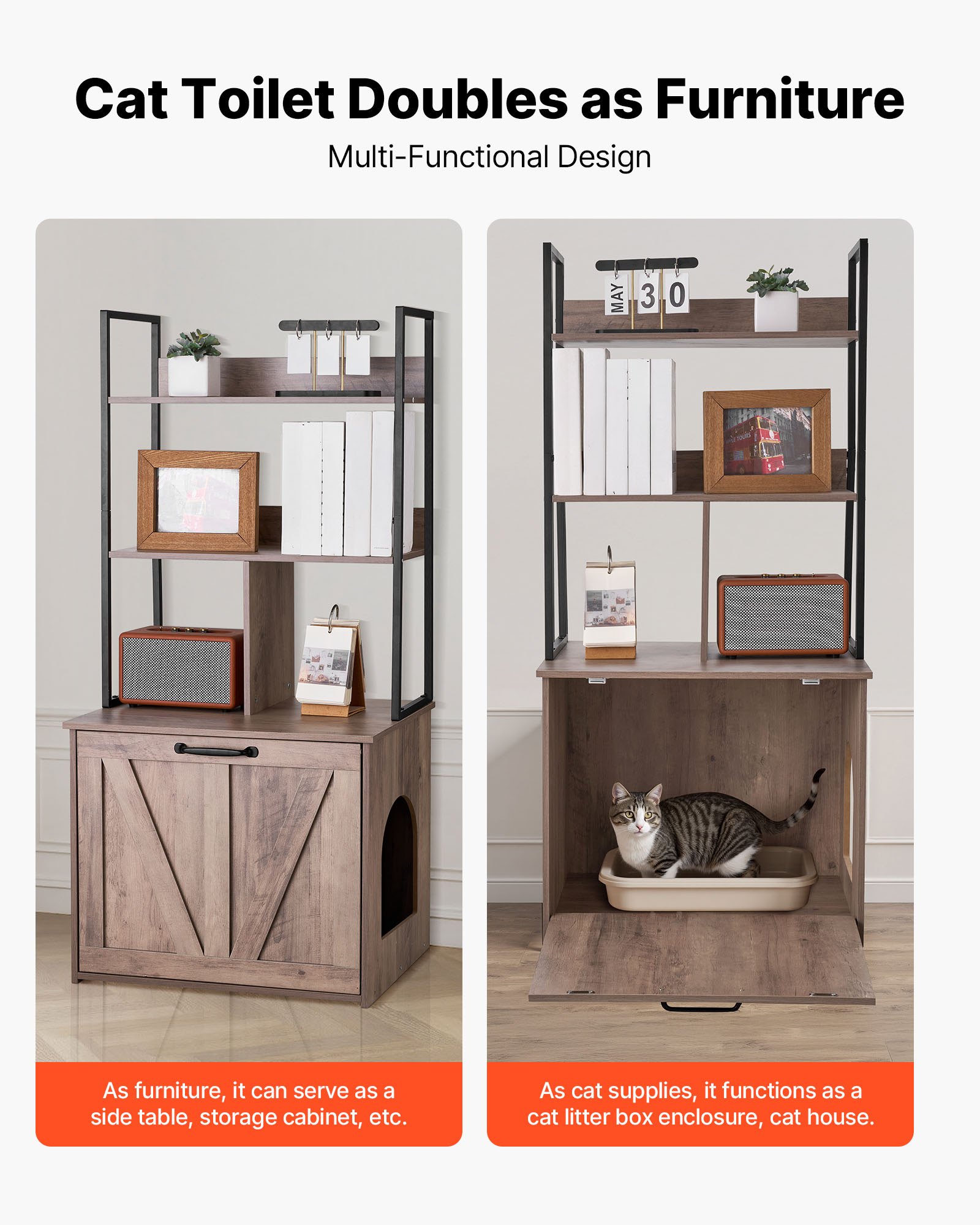 VEVOR Cat Litter Box Enclosure Furniture, 60 cm Hidden Litter Box Cabinet with Storage Shelves, Modern Style, Waterproof Cat Washroom Side Table Cat House, Fit Most of Litterbox, for Living Room