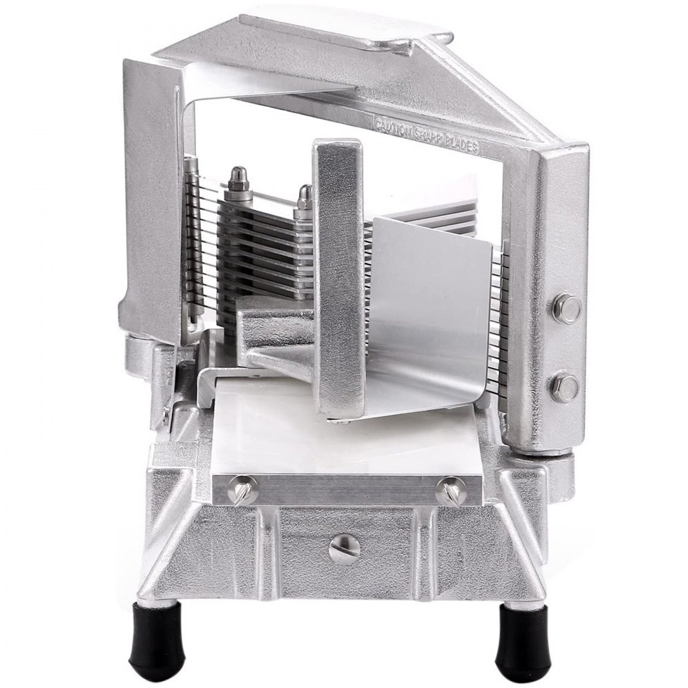 VEVOR tomato slicer with sharp blades and sturdy aluminum alloy frame.