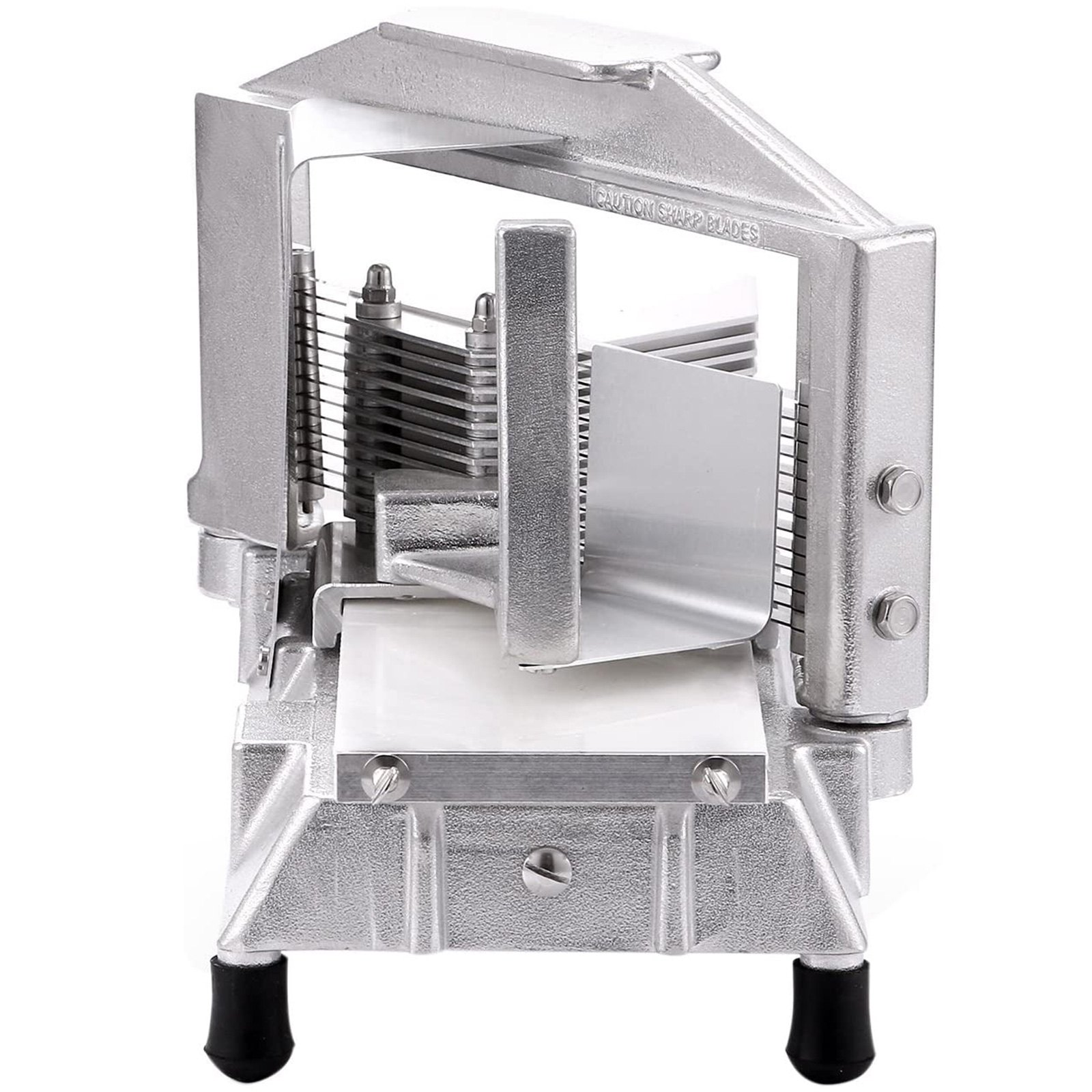 VEVOR tomato slicer with sharp blades and sturdy aluminum alloy frame.