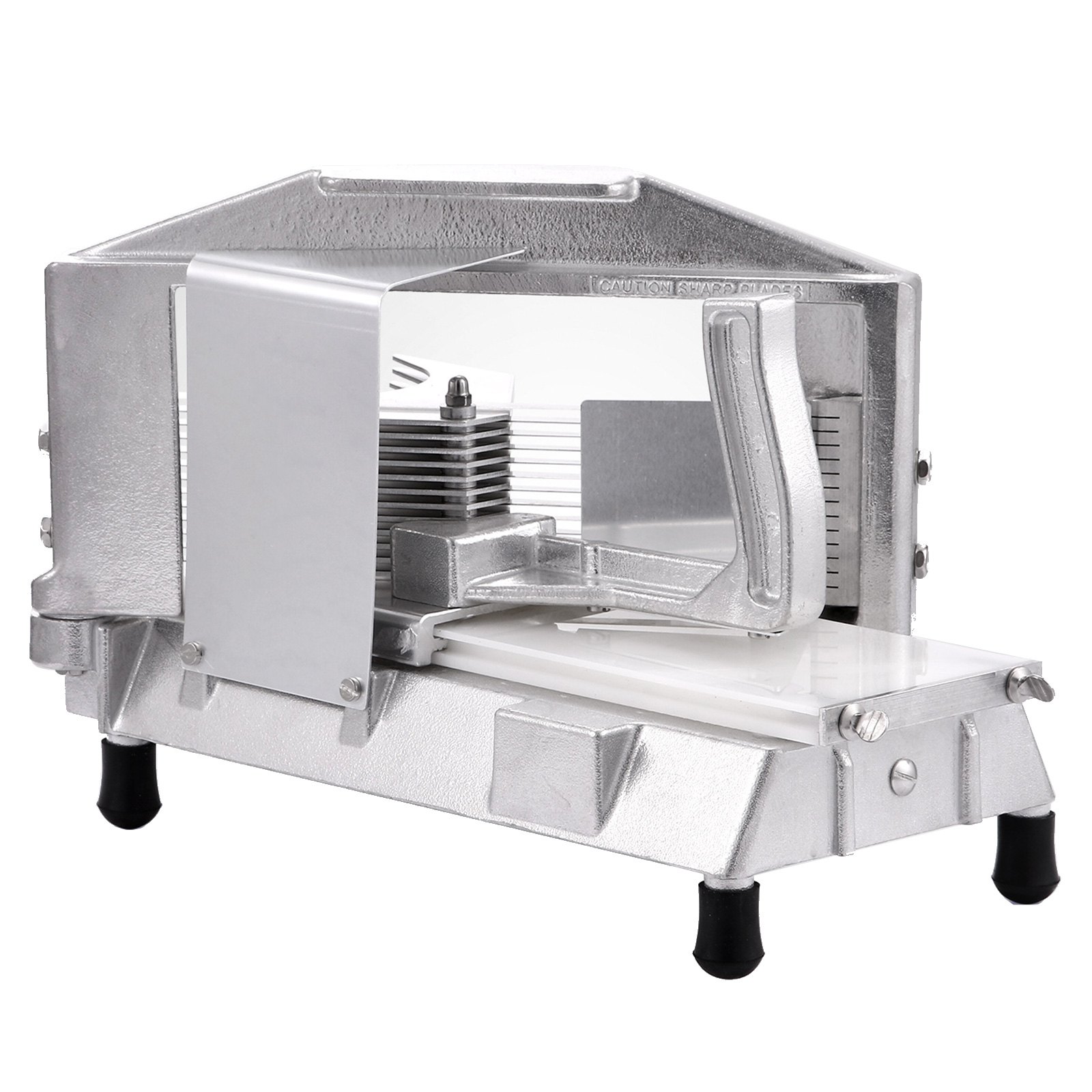 VEVOR tomato slicer with stainless steel blades and a sturdy aluminum frame.