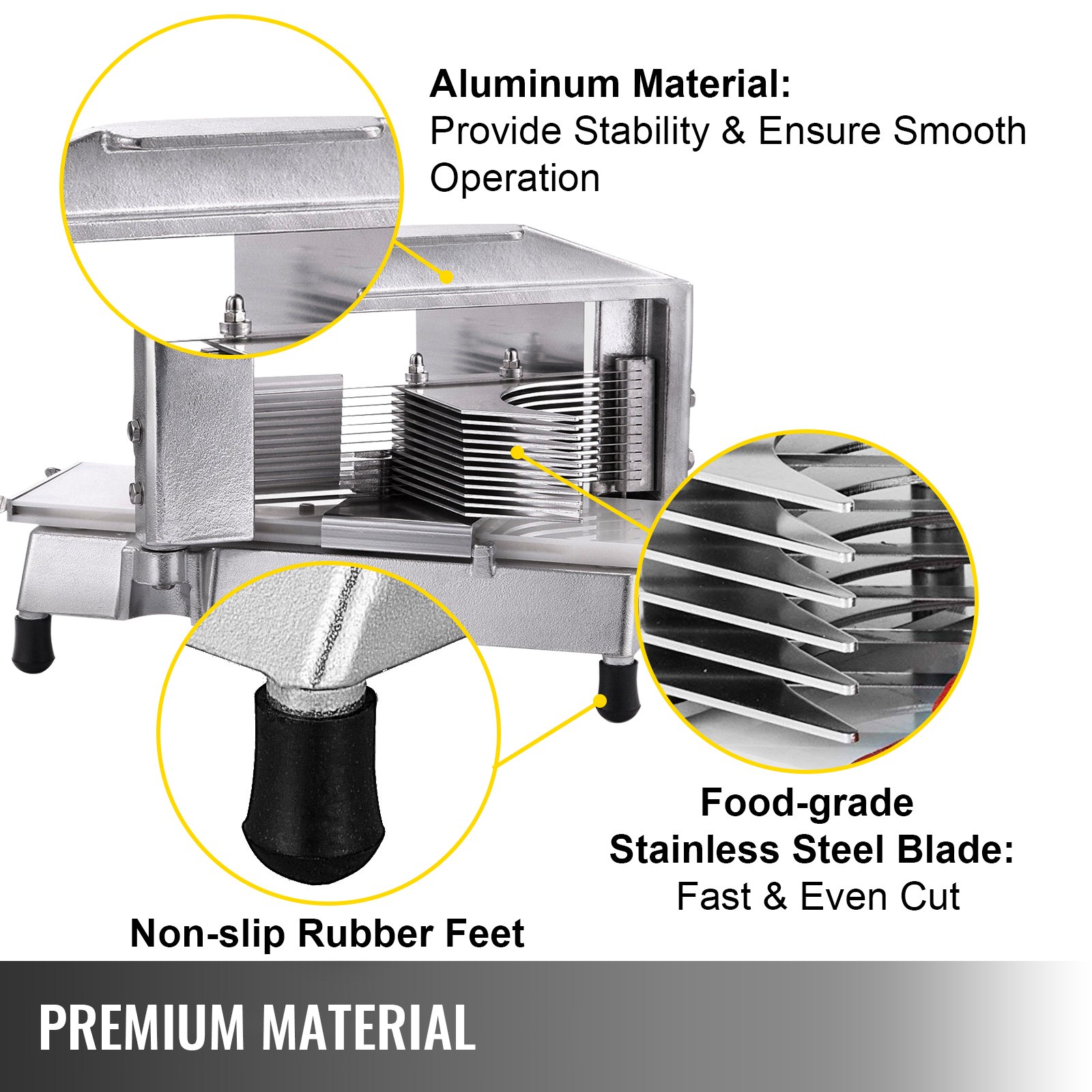 VEVOR tomato slicer with aluminum material, stainless steel blade, and non-slip rubber feet.