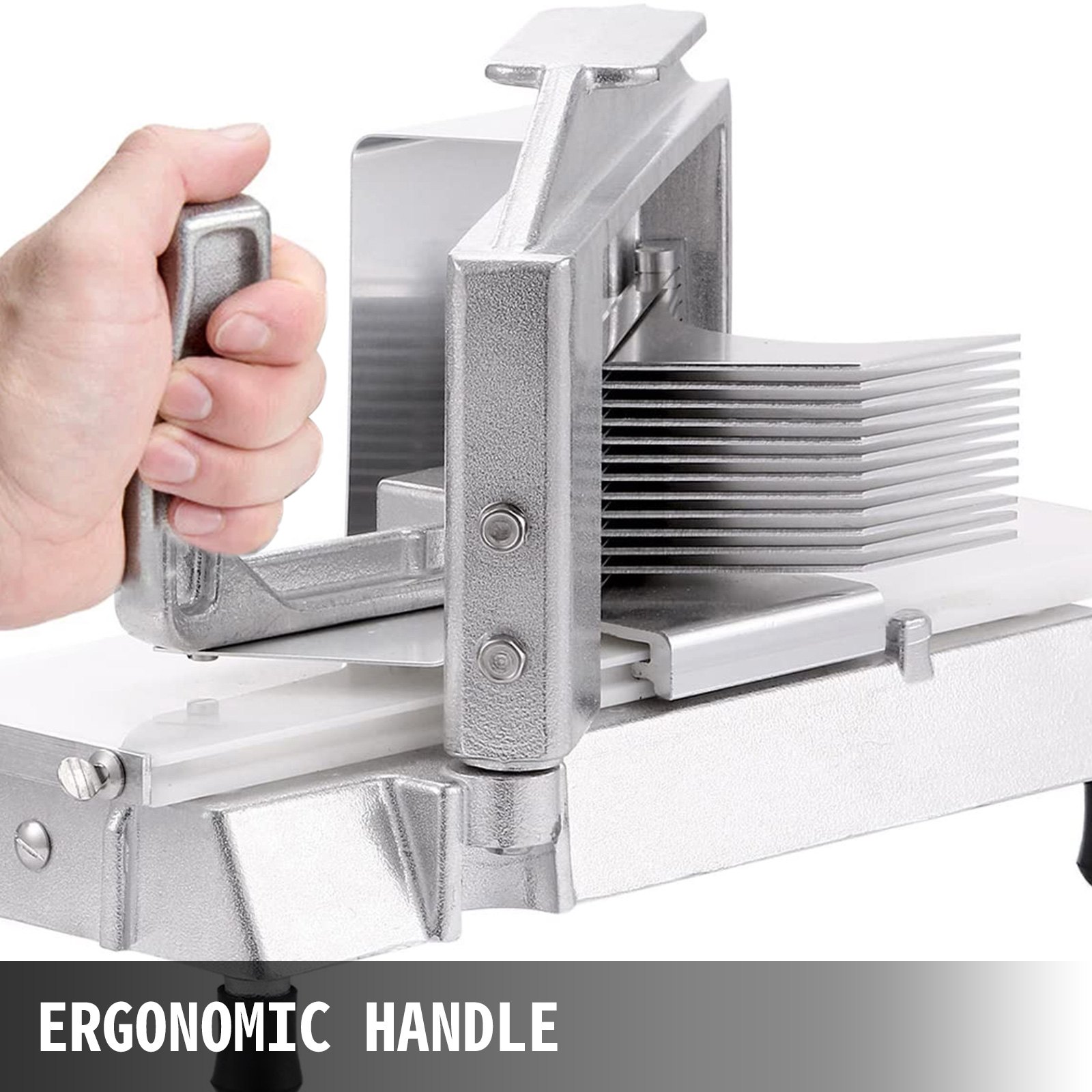 hand gripping ergonomic handle of VEVOR tomato slicer, showing metal blades.