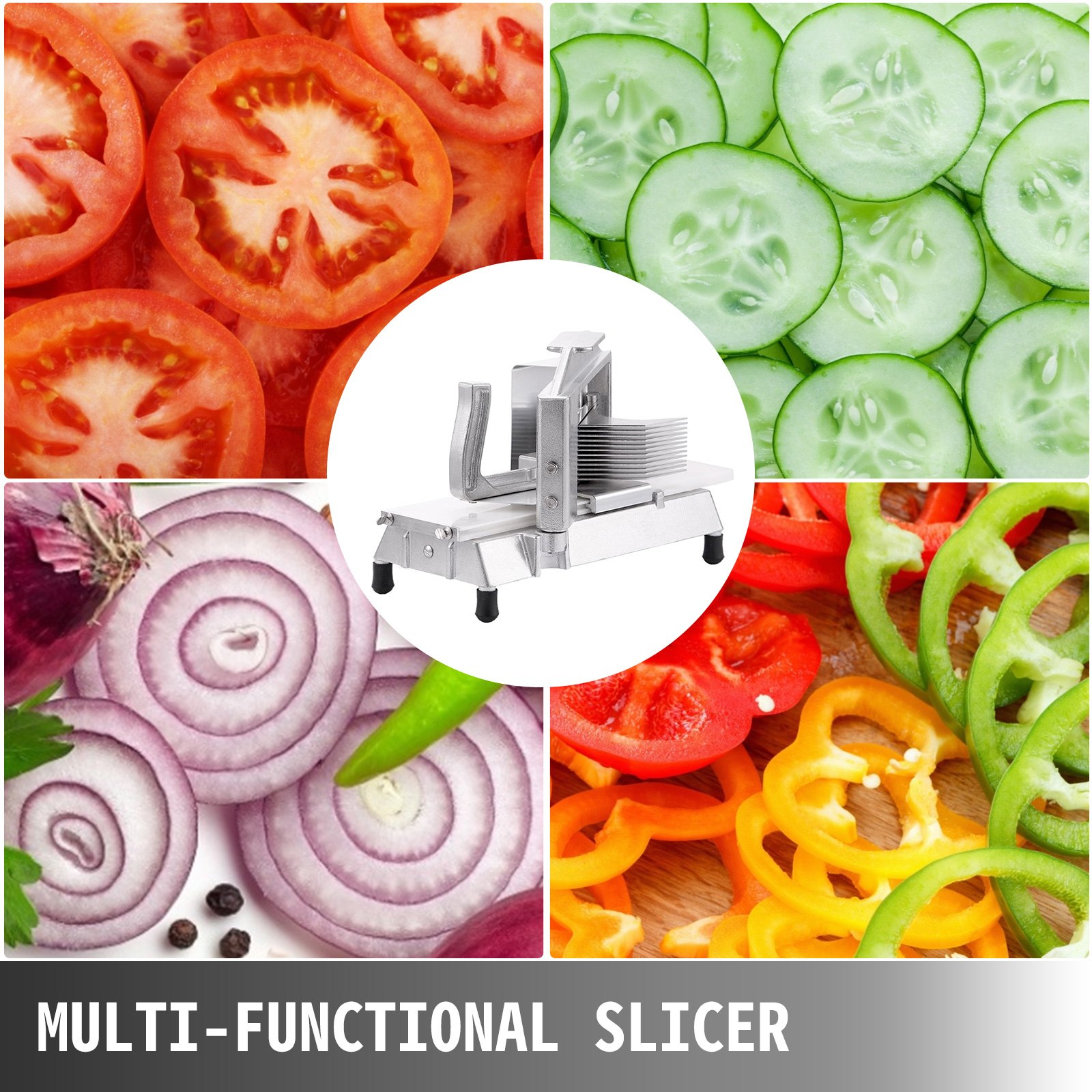 VEVOR tomato slicer with tomatoes, cucumbers, onions, and bell peppers slices.