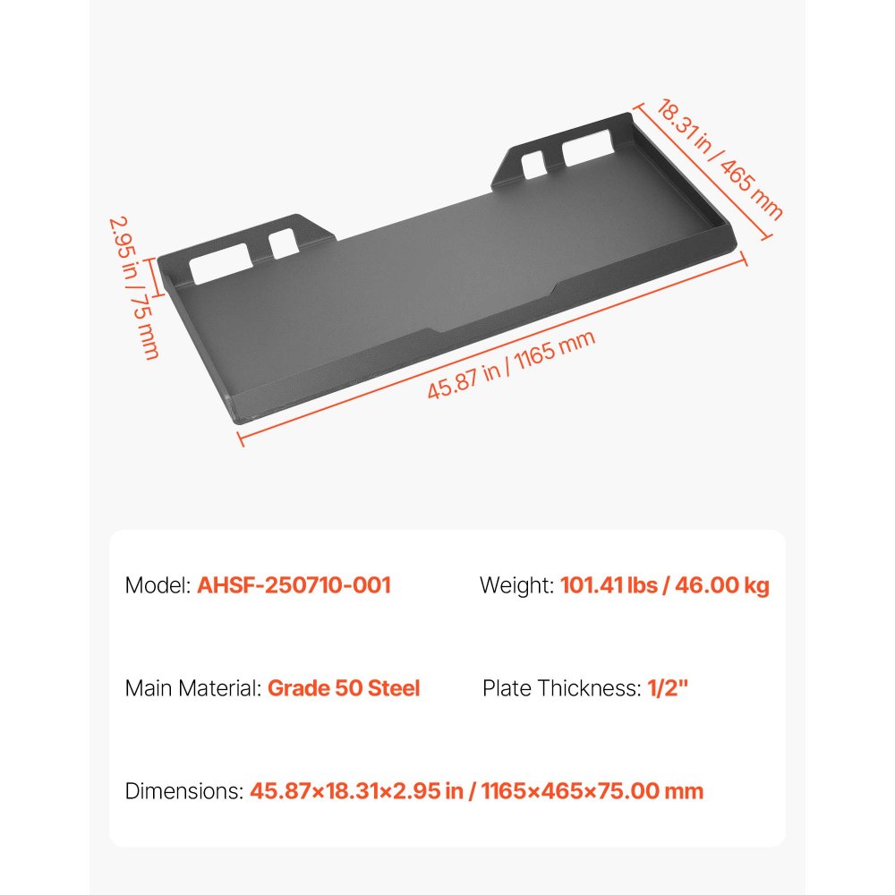 VEVOR 12 mm Skid Steer Mount Plate Universal Quick Attach Mount Plate, Easy to Bolt, 4082 kg Max Load Capacity, Heavy Duty Steel Loader Plates Compatible with Kubota Bobcat Skid Steers and Tractors
