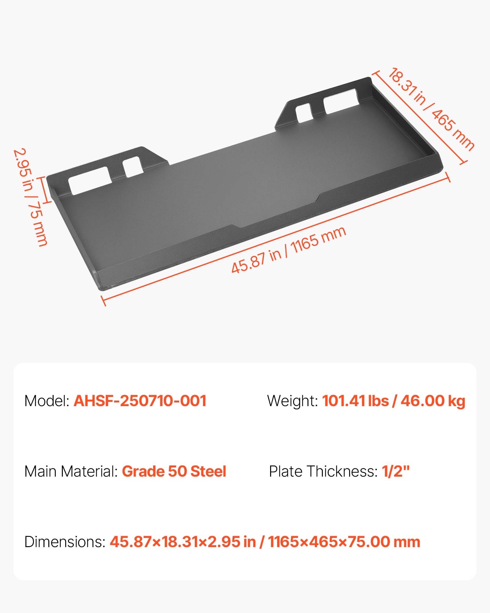 VEVOR 12 mm Skid Steer Mount Plate Universal Quick Attach Mount Plate, Easy to Bolt, 4082 kg Max Load Capacity, Heavy Duty Steel Loader Plates Compatible with Kubota Bobcat Skid Steers and Tractors