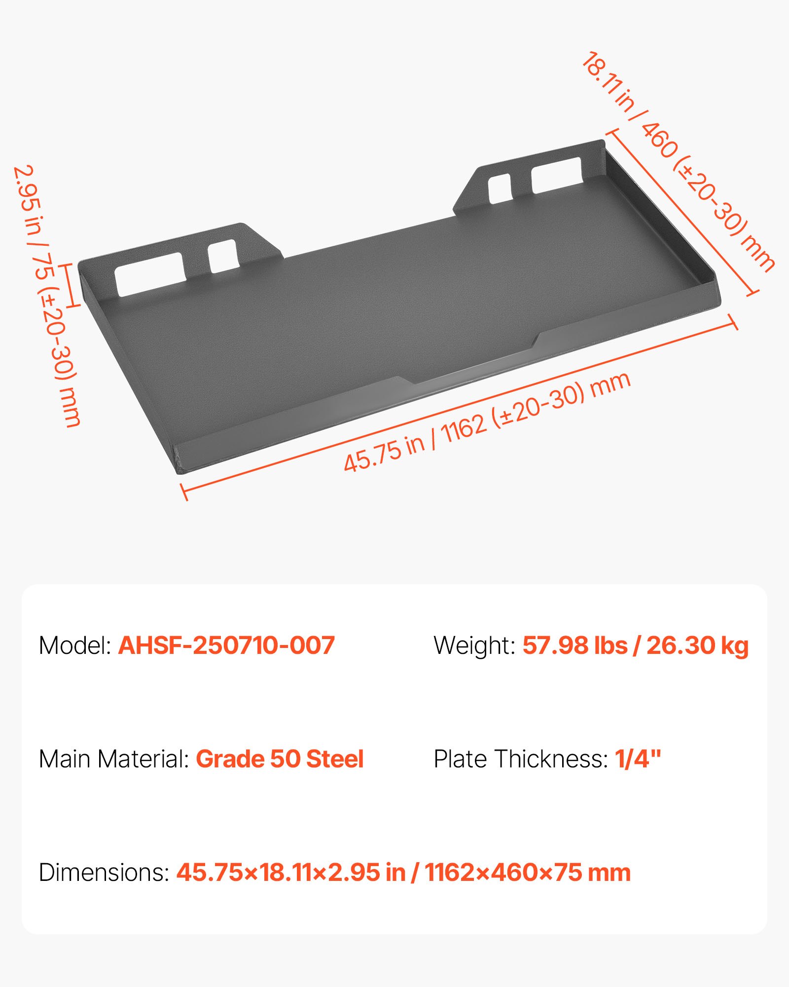 VEVOR 1/4 in Skid Steer Mount Plate, Universal Quick Attach Mount Plate, Easy to Bolt, 3000lbs Load Capacity, Heavy Duty Steel Loader Plates Compatible with Kubota Bobcat Skid Steers & Tractors