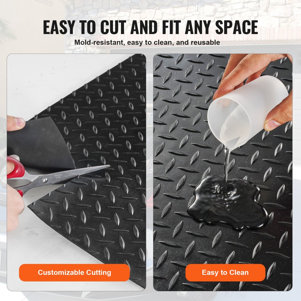 VEVOR Diamond-Plate Rubber Flooring Roll, 3 mm x 4 ft x 8 ft Garage Floor Mat, SBR Rubber Garage Flooring Roll, Easy to Clean, Diamond Plate Rubber Mat for Under Cars, Garage Industry Gym, Black