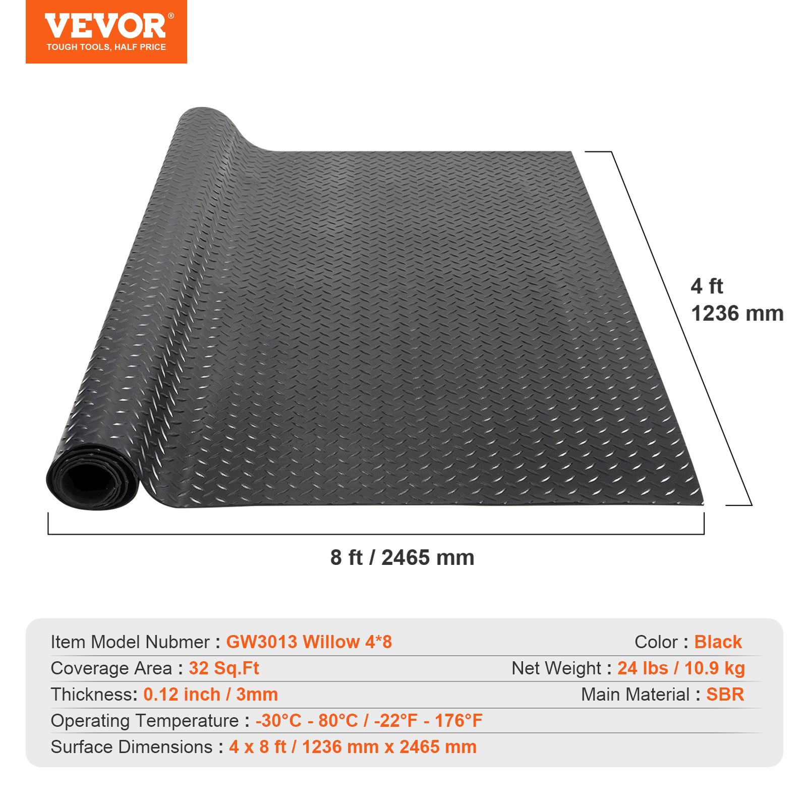 VEVOR Diamond-Plate Rubber Flooring Roll, 3 mm x 4 ft x 8 ft Garage Floor Mat, SBR Rubber Garage Flooring Roll, Easy to Clean, Diamond Plate Rubber Mat for Under Cars, Garage Industry Gym, Black
