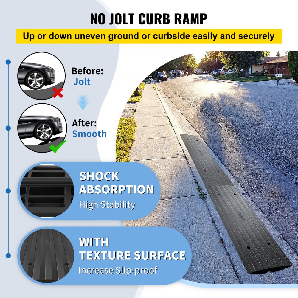 VEVOR 2 Pack Driveway Rubber Curb Ramps Kit Heavy Duty Car Threshold Ramp 2.5 Inch High 1-Channel Cord Cover Curbside Bridge Ramp with 8 Expansion Bolts for Loading Dock Garage Sidewalk