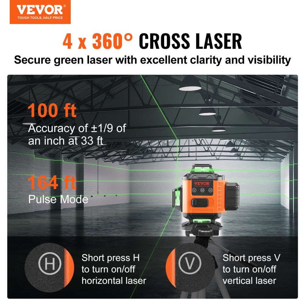 VEVOR Laser Level, 100ft, Self Leveling Manual Green 4 x 360° Cross 16 Line Laser, IP54 Waterproof Manual Self-leveling Mode & 5h Continuous Working Time Line Laser, Battery Include