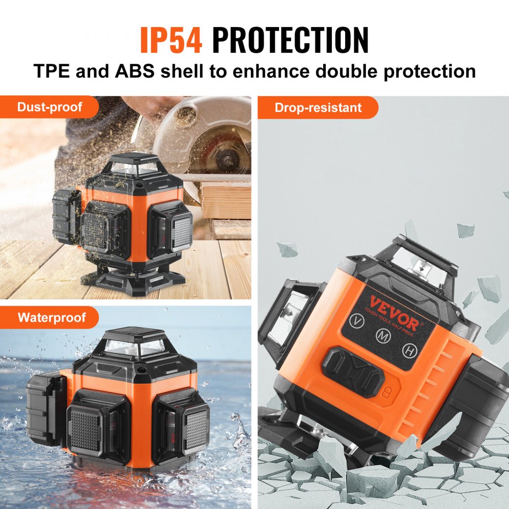 VEVOR Laser Level, 100ft, Self Leveling Manual Green 4 x 360° Cross 16 Line Laser, IP54 Waterproof Manual Self-leveling Mode & 5h Continuous Working Time Line Laser, Battery Include